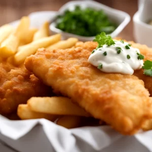 Homemade Fish and Chips Recipe with Garlic Dip